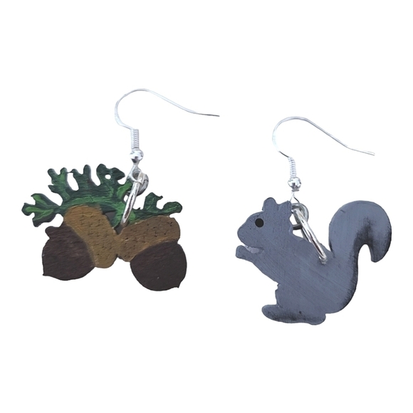 Handcrafted Wood Squirrel and Acorn Earrings - Picture 3 of 3